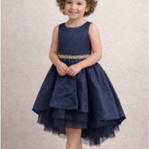 Rare Editions Navy Dress with Gold Rhinestone Waist